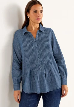 Denimblus med sydda veck Skjortor & Blusar|Jeansplagg