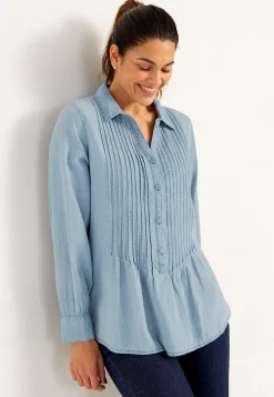Online Denimblus med sydda veck Skjortor & Blusar|Jeansplagg