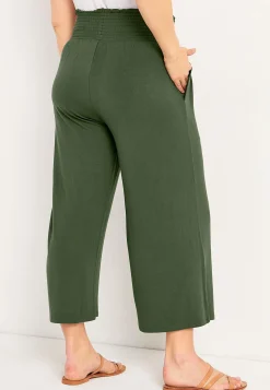 Mjuk trikåbyxa med smockad resårmidja Liv Byxor|Plus Size