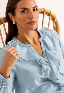Discount Volangblus i denim Toppar & T-Shirts|Skjortor & Blusar